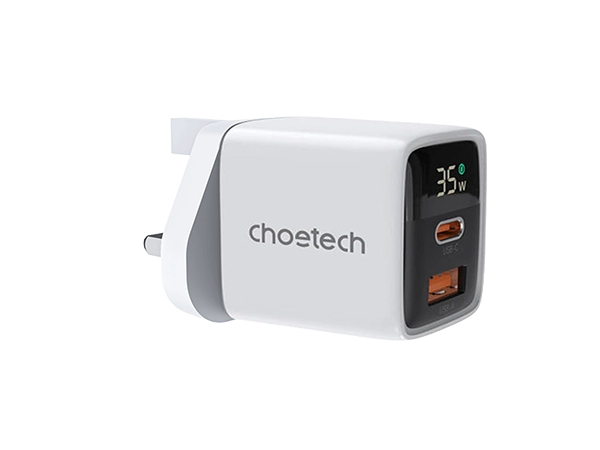 Choetech Dual Port 1C1A PD35W Digital Display Wall Charger UK Standard White